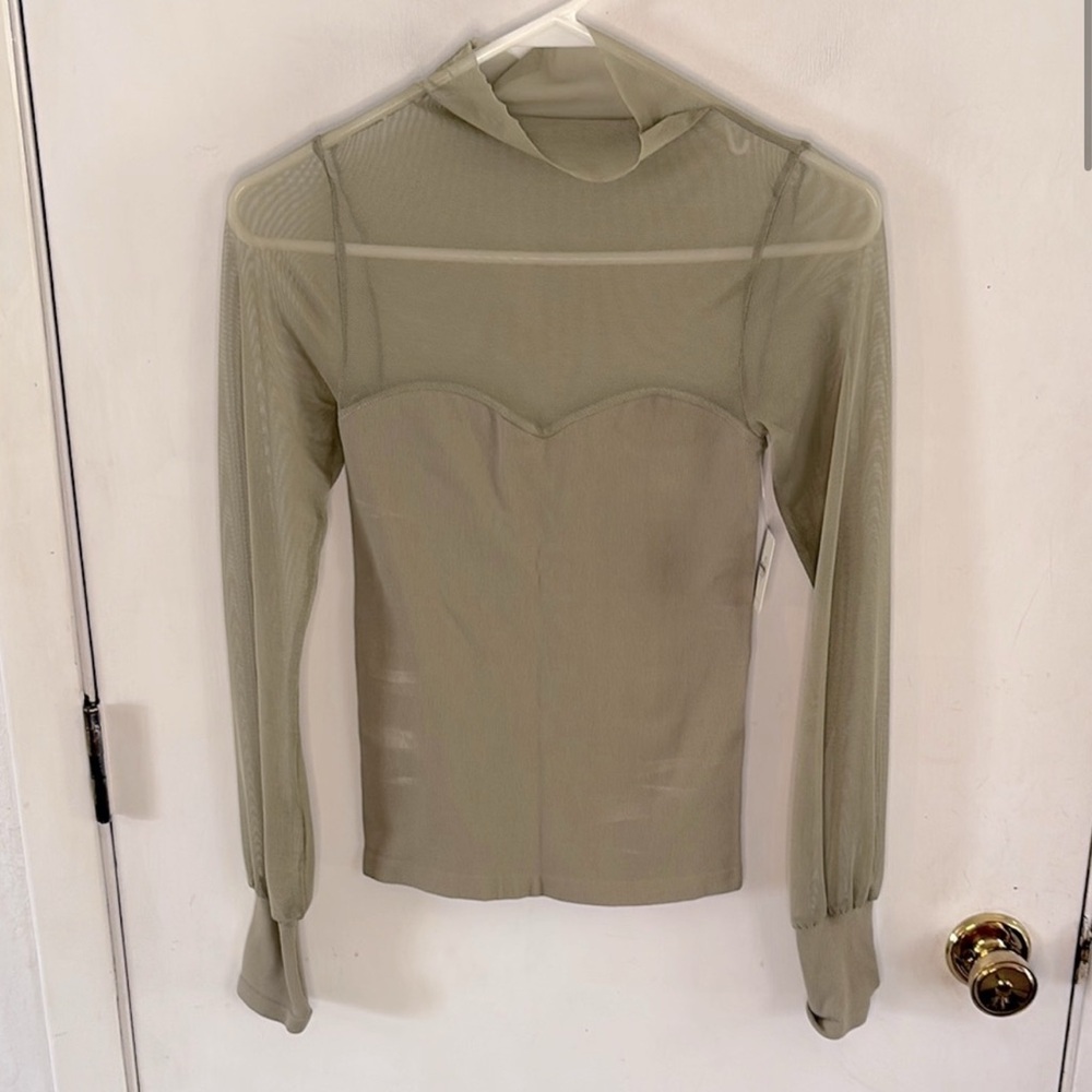 Intimately Free People olive long sleeve stretch top sheer mesh yoke sleeve